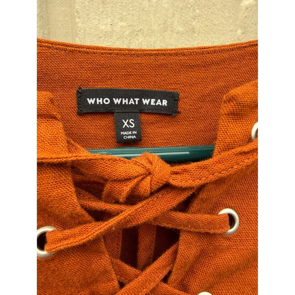 Who What Wear XS Dress Boho Linen Blend Burnt Orange Lace Up Puff Sleeve - Picture 4 of 9